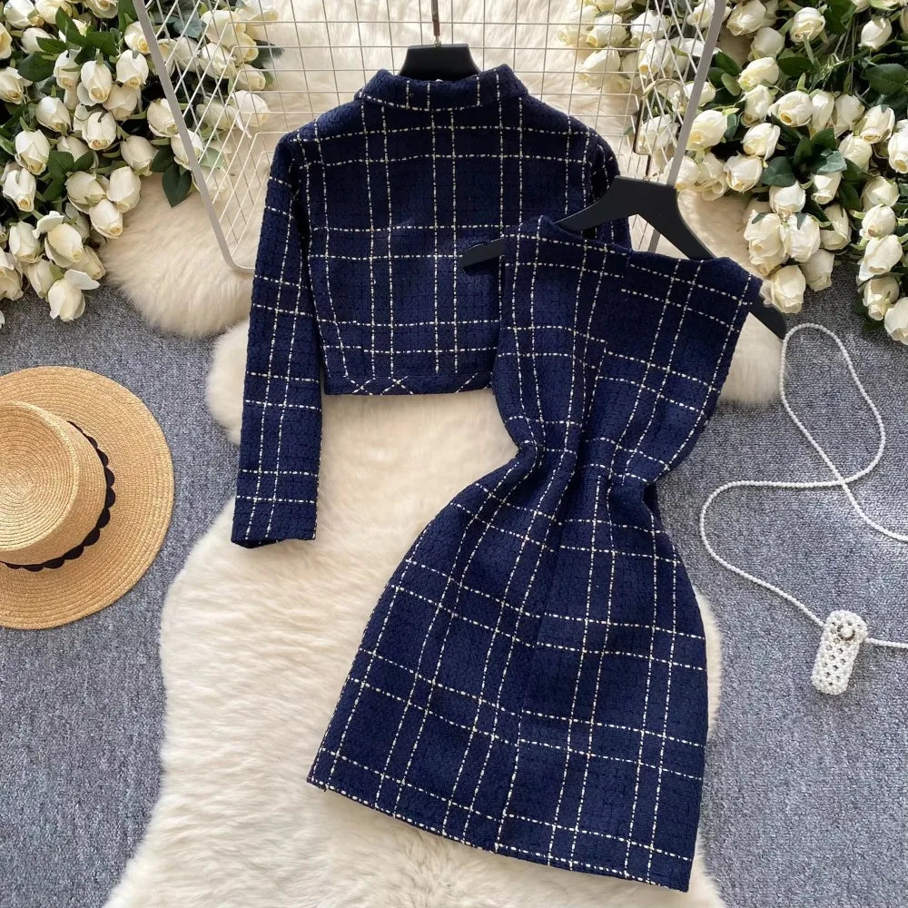 Maxy Chic Plaid Women Two-Piece Sets Slim Metal Single Breasted Jacket Top and Sleeveless V-neck Dress Korean High Street Clothing