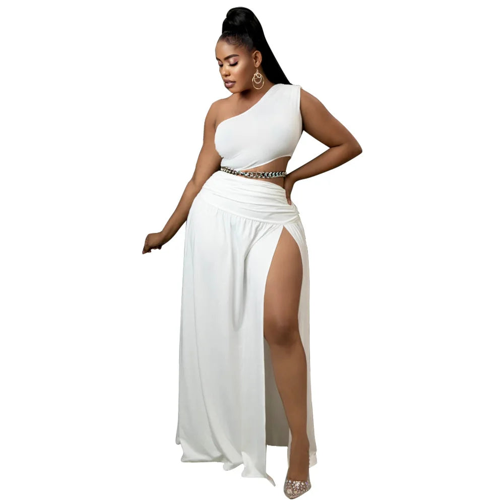 Maxy Women Clothes Set Sexy One Shoulder Crop Top Side Split A Line Skirt Beach Party Two Pieces Set Summer