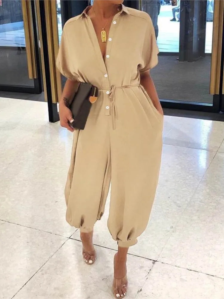 Amay Summer Fashion V-Neck Button Lace-Up Jumpsuit Short Sleeve Loose Playsuit Overalls Women Elegant Leopard Print Pocket Rompers