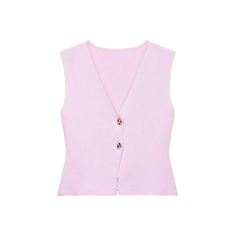 TRAFZA Women 2 Piece Set V-Neck Sleeveless Button Knitted Vest Top+Elegant Splicing High Waist Zipper Long Skirts Holiday Suits