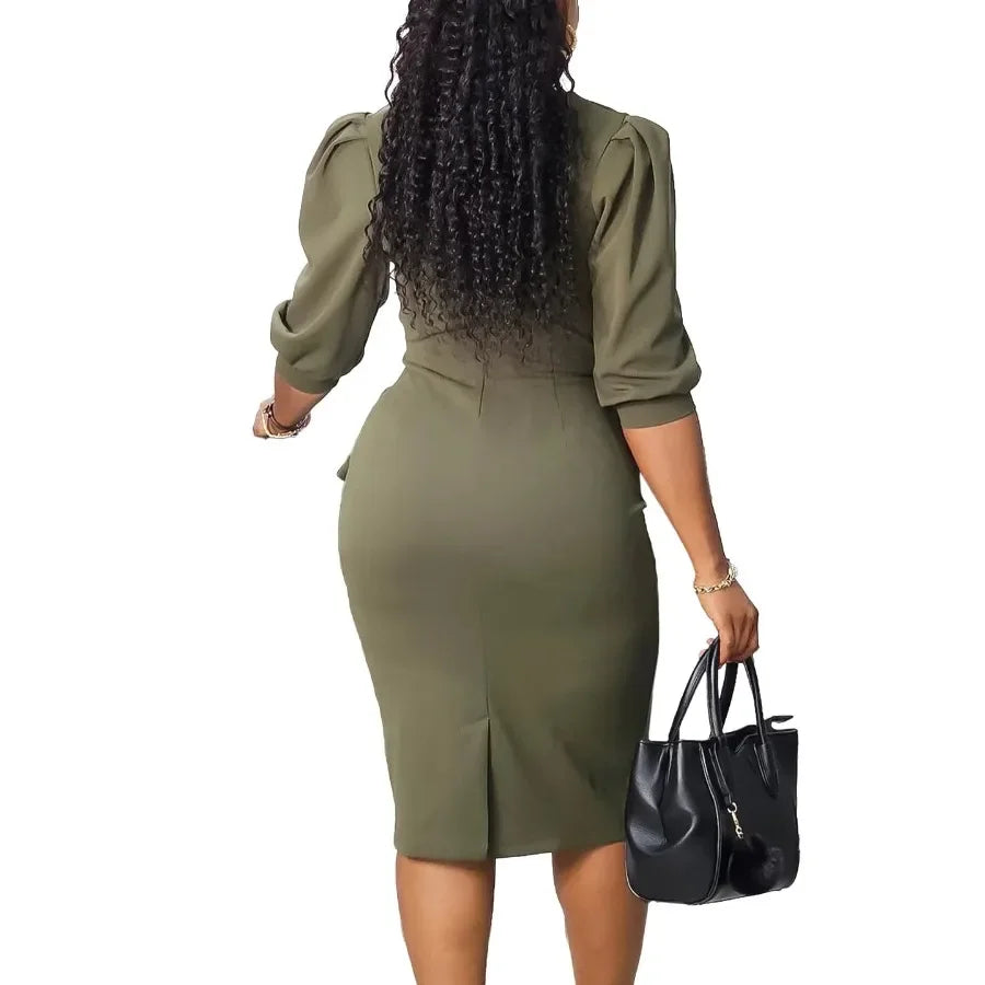Maxy Summer Fashion Solid Pencil Dress Women Causal Office Ladies Round Neck Bubble Sleeves Slim Dress Women