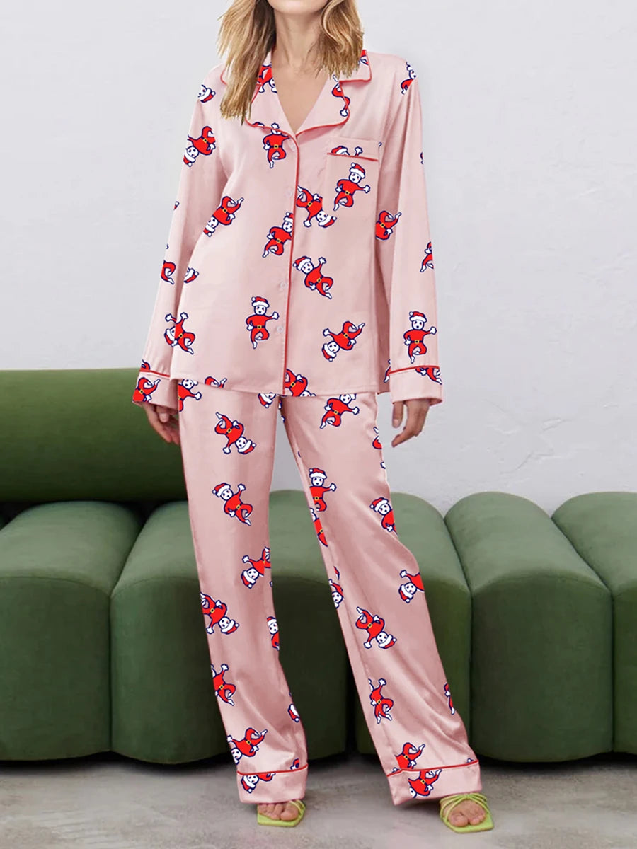 Women's Christmas Loungewear Set Snowman Print Long Sleeve Lapel Button Shirt with Long Pants Sleepwear