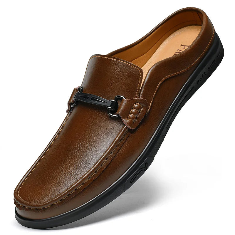 Visco Men's Leather Slip-On Loafers Half Shoes Mules Backless Moccasins Casual Driving Shoes Flats Brown Black Italian Designers