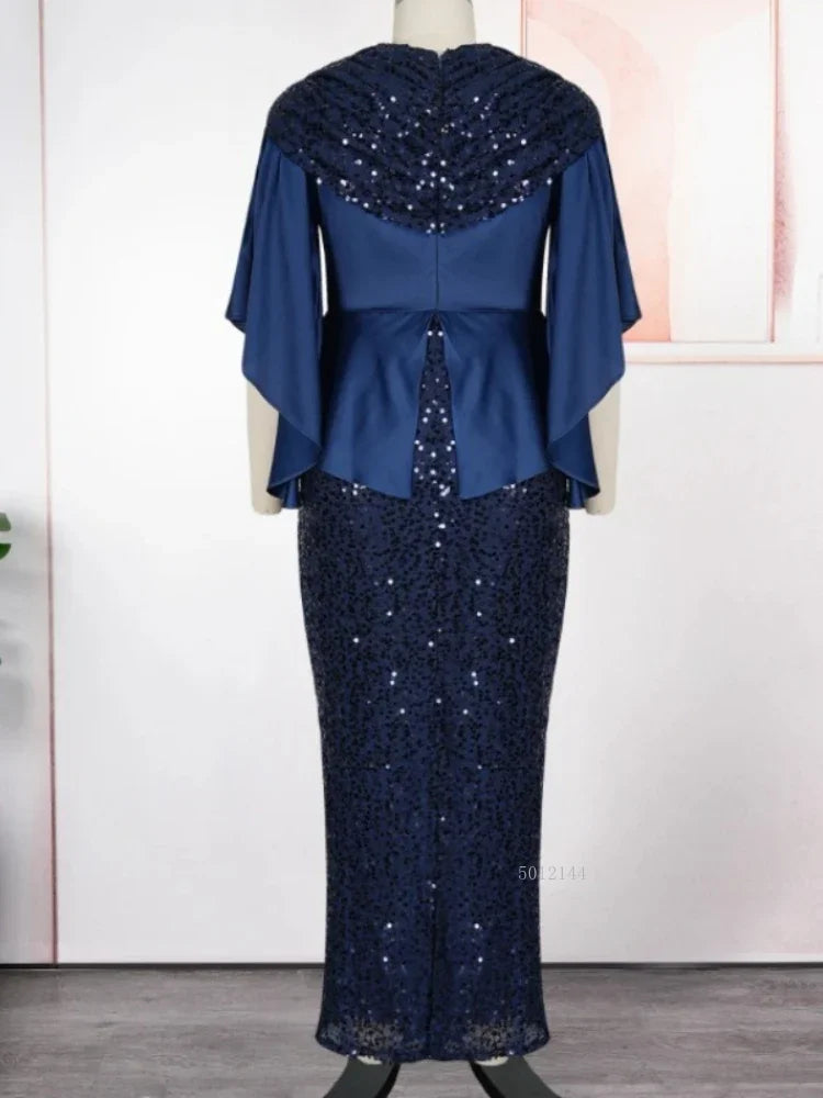 Maxy Elegant African Party Dress for Women plus Size Dashiki Sequin Bodycon Long Gown with Slit Turkish Muslim Wedding Evening Wear