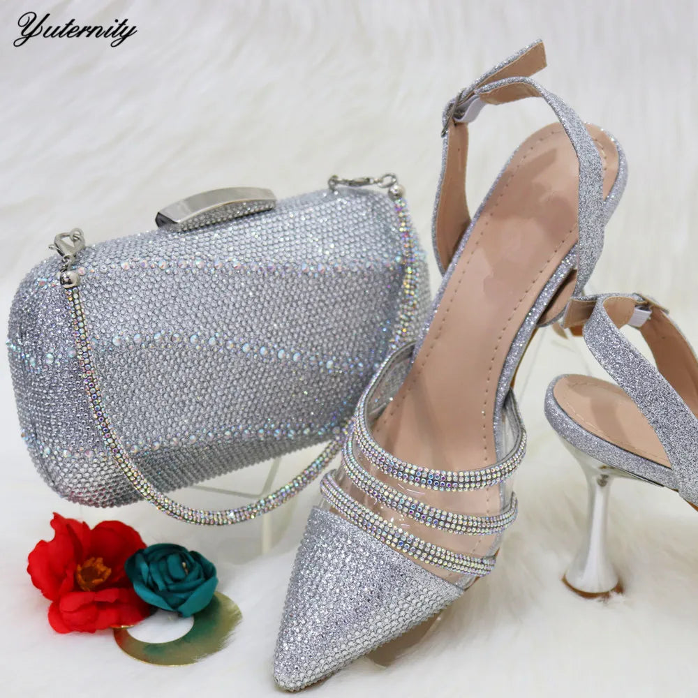 Maxy Summer Elegant Ladies Sandals Shoes and Bag Set Italian Rhinestone High Heels Shoes with Bags Nigerian Women Party Shoes