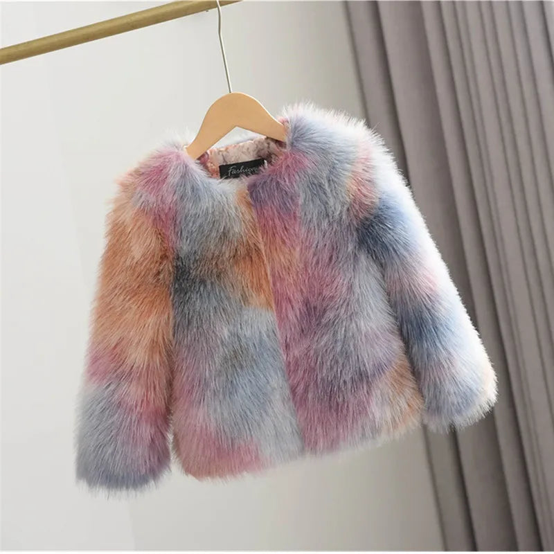 Maxy Kids Girls Faux Fur Jacket Winter Baby Patchwork Fleece Coat O Neck Elegant Toddler Girls Short Fashion Clothes Thick Warm 2822