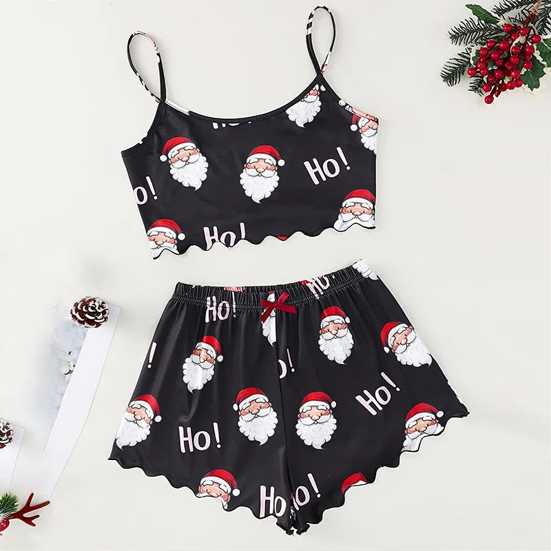 Maxy Christmas Sleepwear Women Pajamas Set Girls Nightwear Home Clothes Sleeveless Top with Shorts Pijamas Pyjamas Femme Lounge Suits