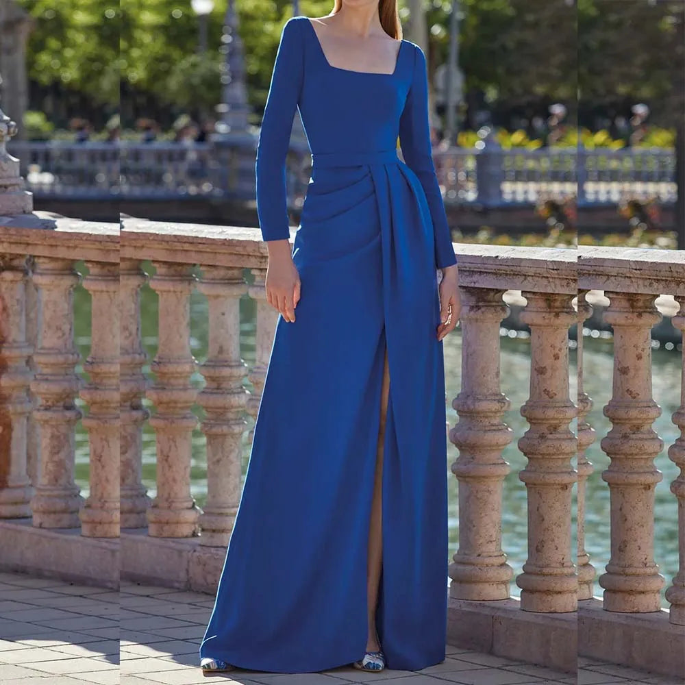 Maxy Royal Blue Evening Dresses Floor Length Square Collar Long Sleeve Gowns Formal Party Pleat Front Split Prom Dress
