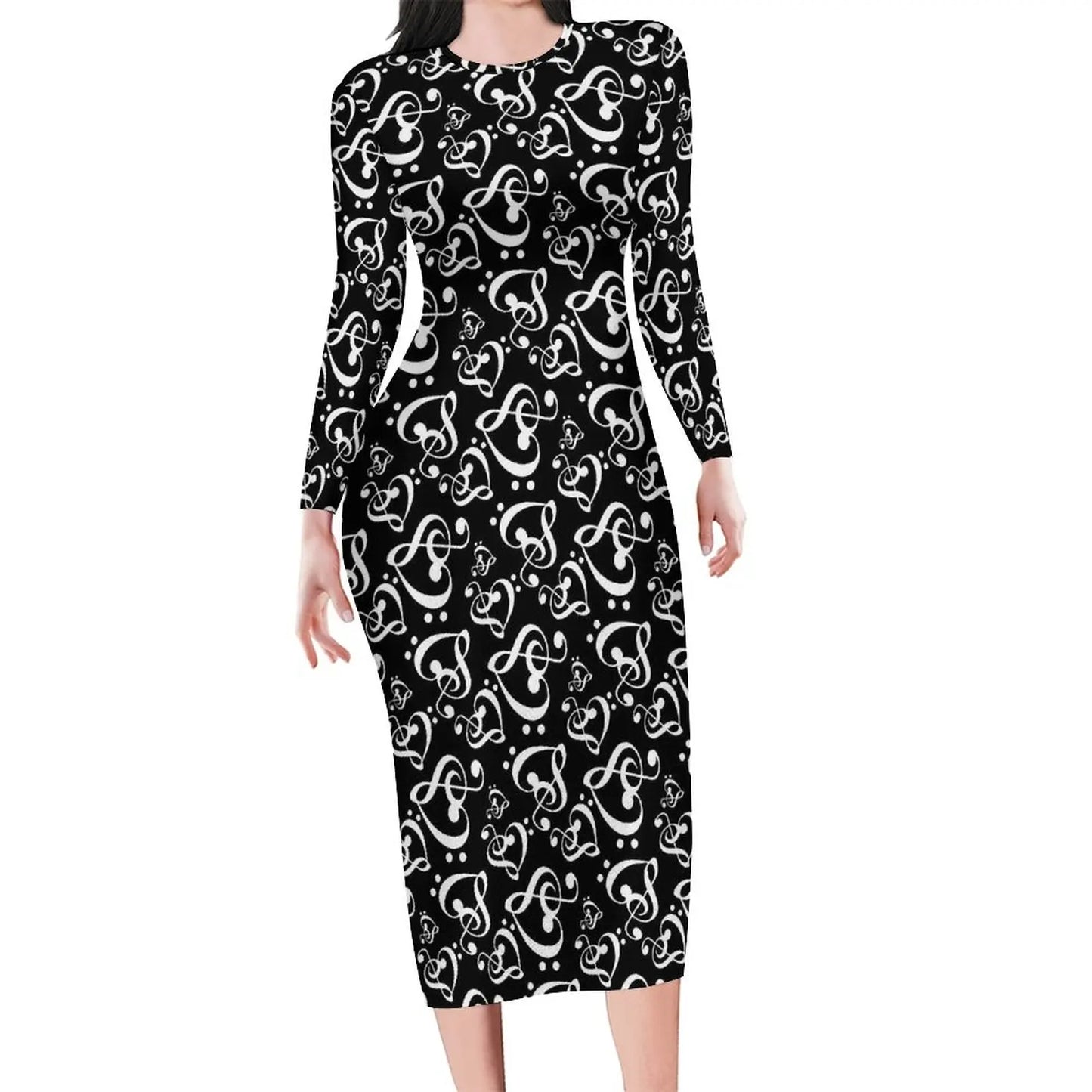 Amay Rainbow Music Notes Dress Long Sleeve Retro Print Kawaii Dresses Autumn Ladies Aesthetic Custom Bodycon Dress 3XL 4XL 5XL