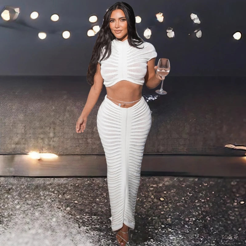 Amay Kim Kardashian's Sheer White Knit Two-Piece Dress Elegant See-Through Sweater Crop Top And Skirt Set Festival Outfits