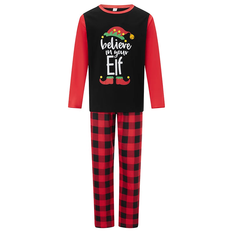 Matching Christmas Pajamas for Family Long Sleeve Elf Print Tops Plaid Pants Set Loungewear