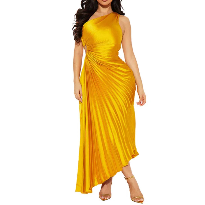 Maxy Spring Evening Banquet Elegant Hip-Hugging Off-One-Shoulder Round Cutout Pleated Women's Fashion Dress