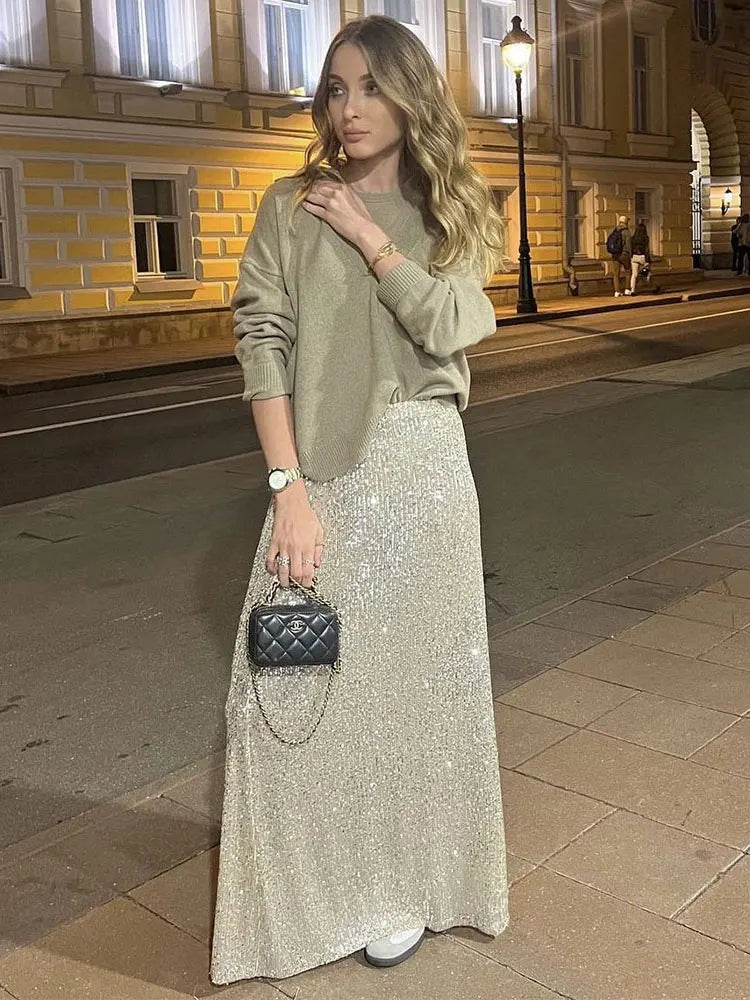 Maxy Autumn Sequin Dress Suit Sexy Club Party Women Crop Top+Long Skirt Elegant Two Piece Matching Set