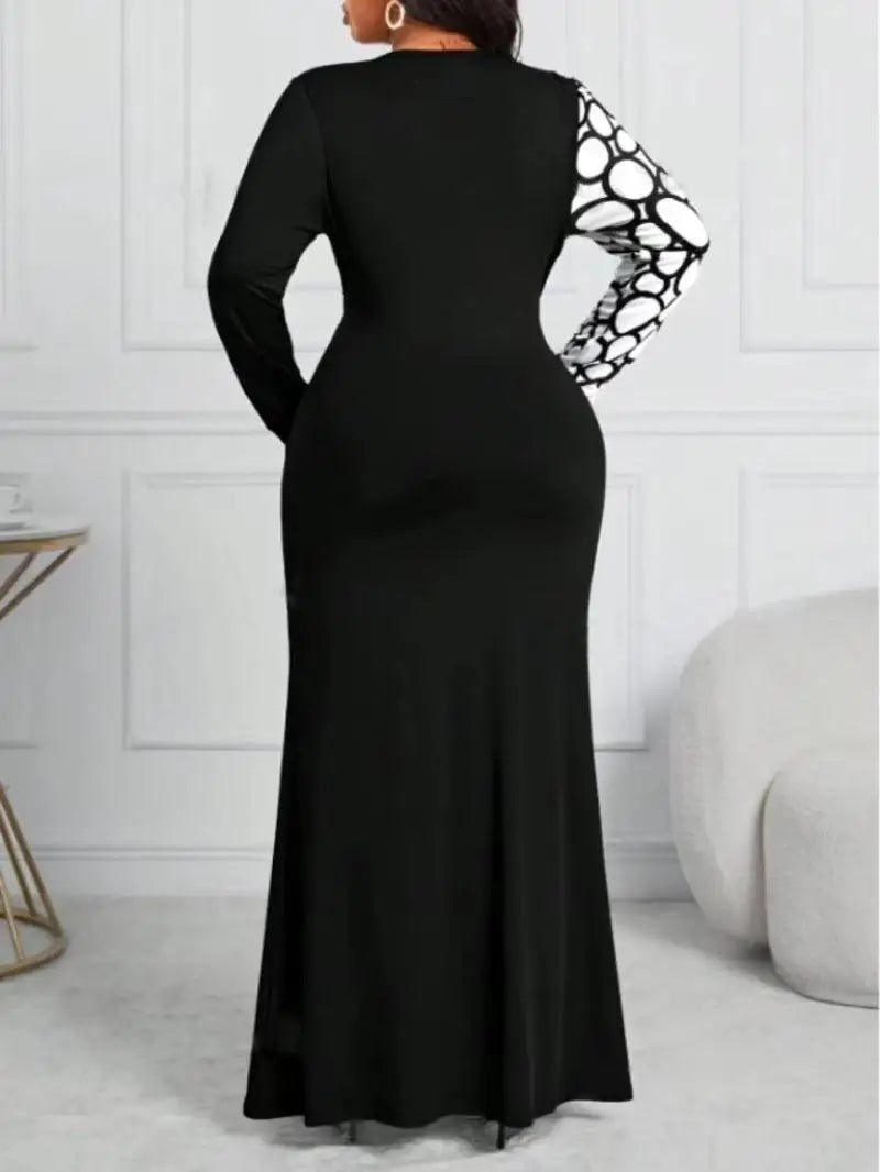Maxy Plus Size Contrast Color Women Dress O Neck Front Twist Female Long Sleeves Elegant Dresses Bodycon Clothing Evening Party Gowns