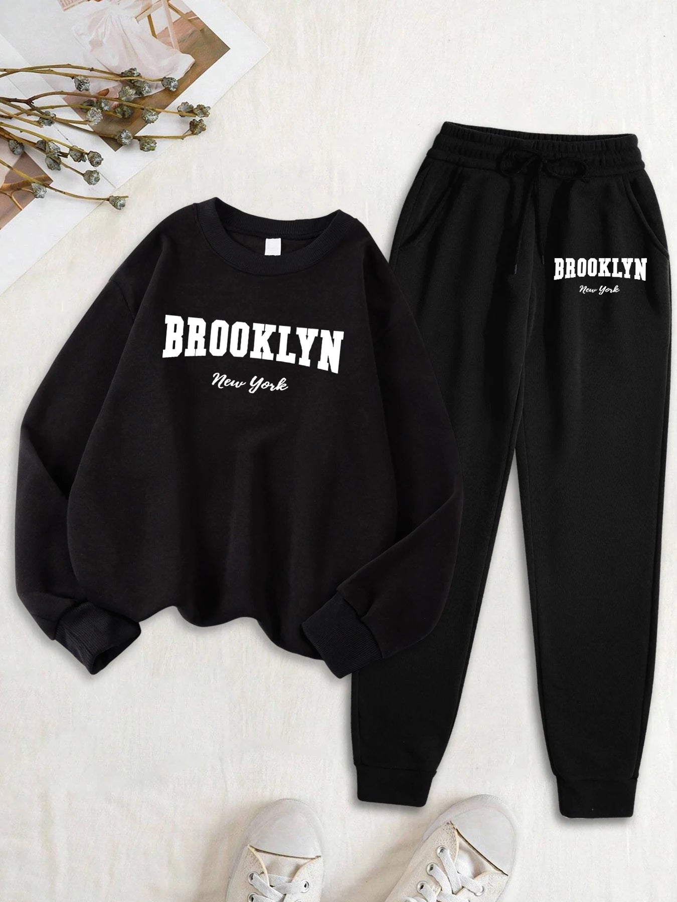Maxy Brooklyn New York Letter Print Women Sweatshirt Set Autumn Fleece Clothes 2Pc Sets O-Neck Casual Tracksuit Fashion Jogging Pants