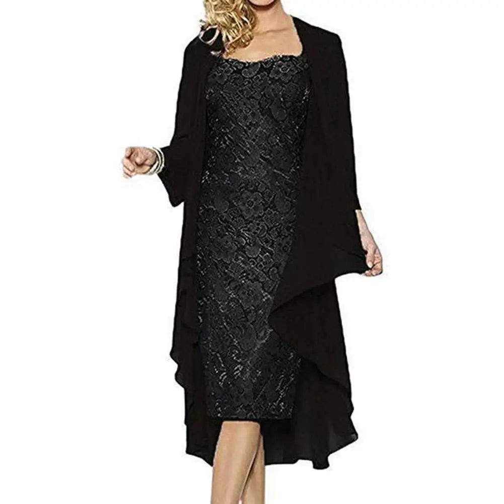 Maxy Formal Dress Set Women Outfit Elegant Flower Pattern Lace Vintage Two Pieces Set Women Knitted Cardigan Dress Banquet