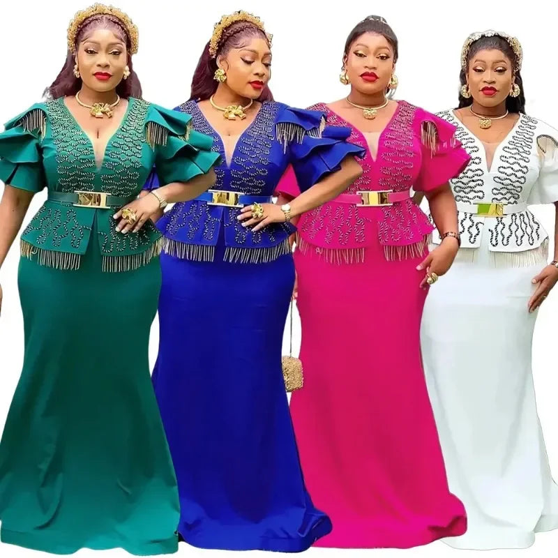 Maxy Elegant Plus Size African Wedding Party Dresses for Women Autumn African V-neck Evening Long Dress Outfits