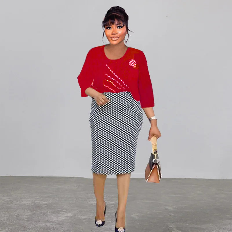 Amay Cross-border explosion African women's round neck plaid OL temperament patchwork commuter dress + small coat two-piece set