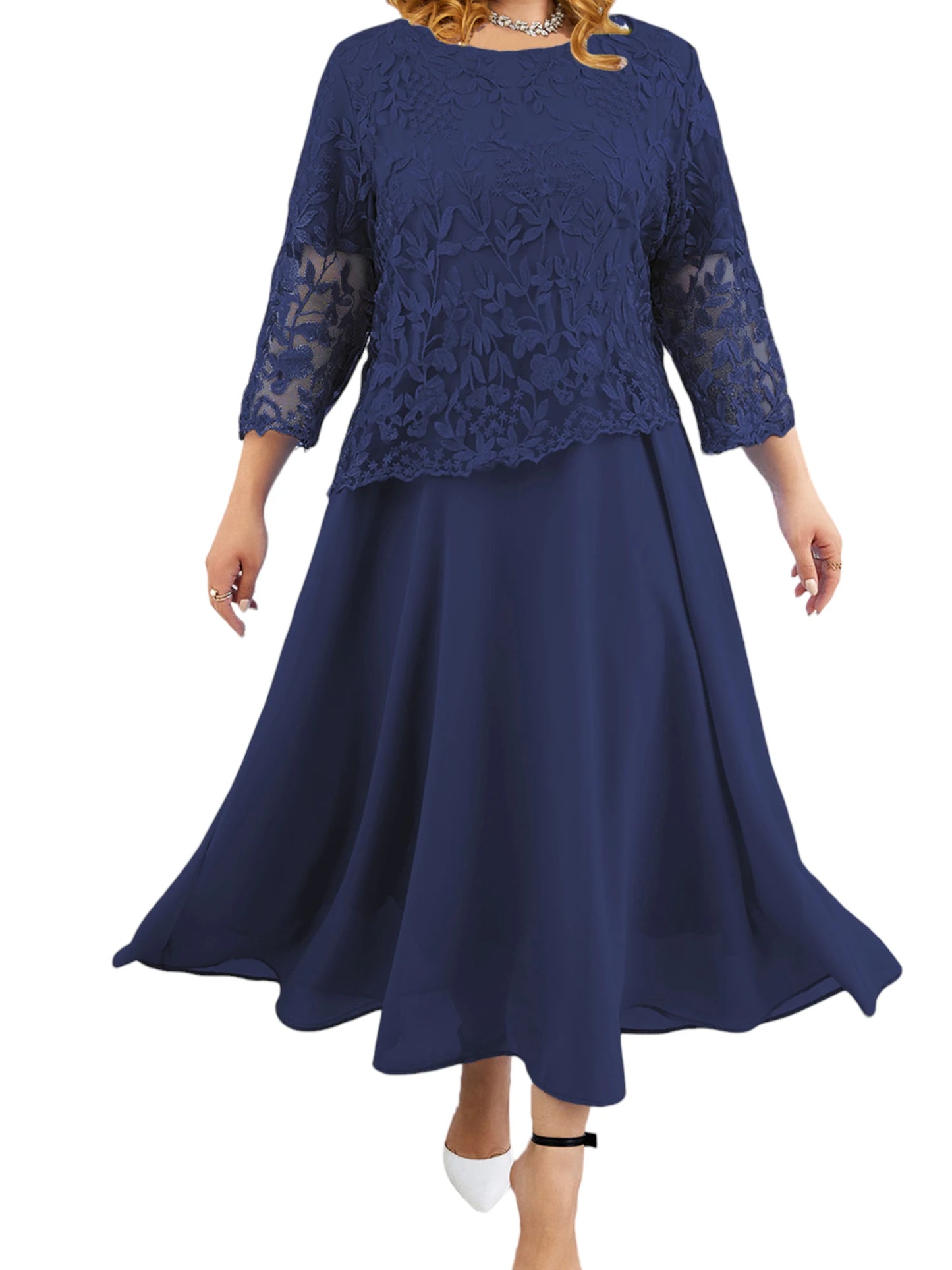 Maxy Plus Size PYL Women's Lace Long Sleeve Pullover Midi Dresses Ladies Evening Party Gowns Wedding Cocktail Clubwear