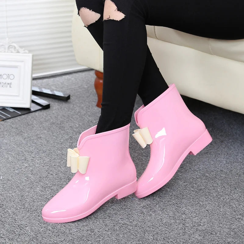 Maxy Women Flower Bowtie Ankle Boot Winter Rain Boots Female Waterproof Solid Rubber Platform Rain Shoes Ladies Footwear