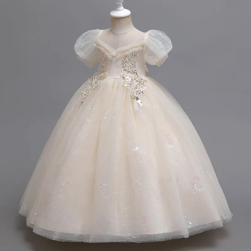 Maxy princess Girl Heavy Industry elegant court style dress skirt Flower child wedding dinner long dress puffed sleeves #C2208