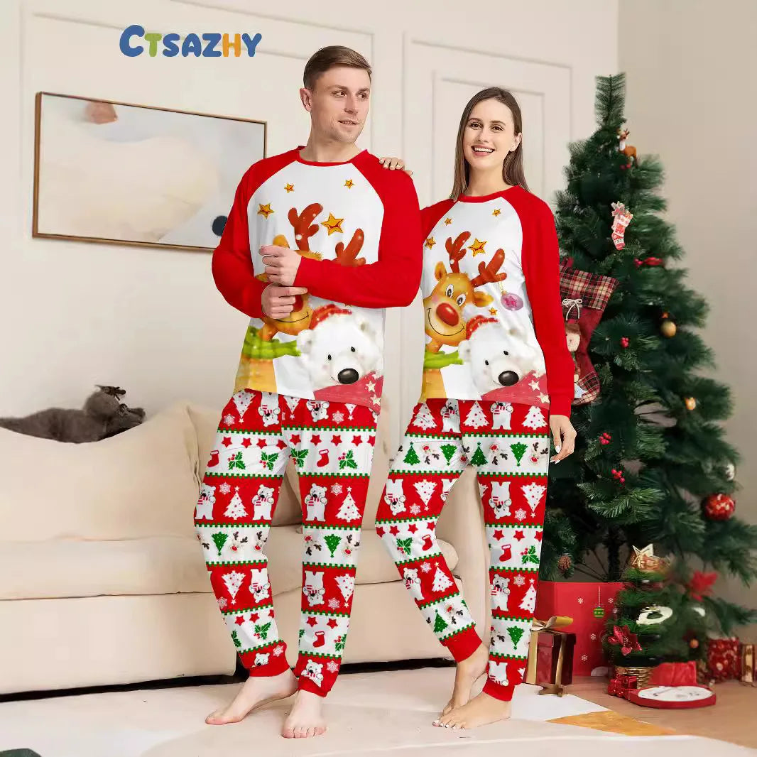 Maxy Christmas family set European style printed golden deer Polar bear family set Pajamas pajama pants 2 sets and baby jumpsuit