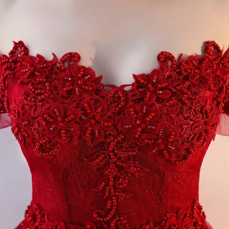 Maxy New Women's Autumn Embroidered Mesh High Waist Evening Dress Fashionable Look Thin Cover Belly Red Wedding Long Dress