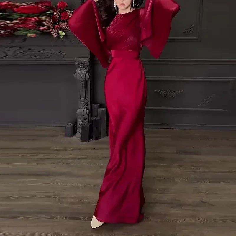 Amay Vintage High Waisted Women Satin Long Dress New Ladies Temperament Crew Collar Dresses Elegant Slim Long Sleeve Banquet Dresses