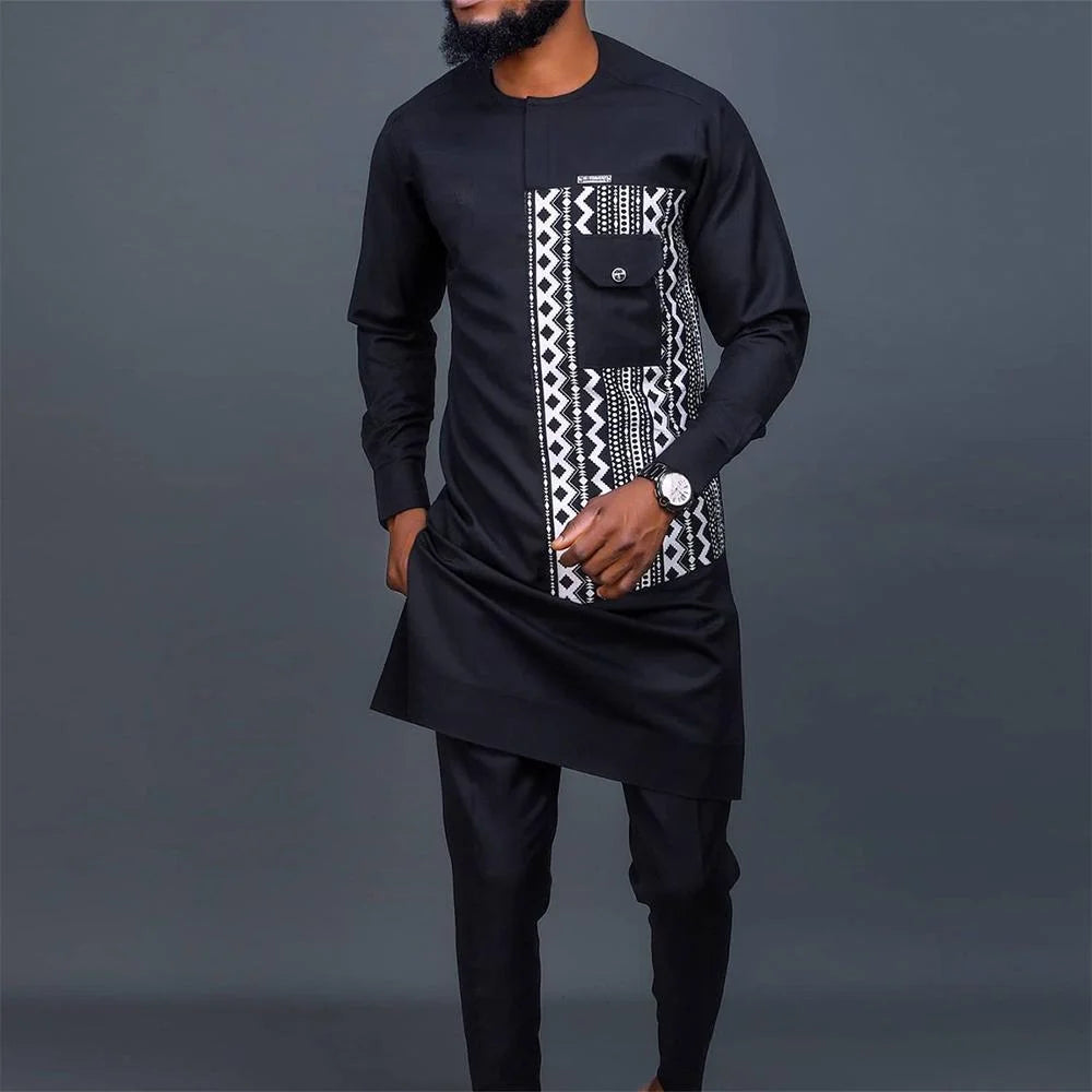Amay New Kaunda Men's Set Fashionable and Elegant Men's Wedding Set Round Neck Long Sleeve Embroidered Men's Full Set Suit
