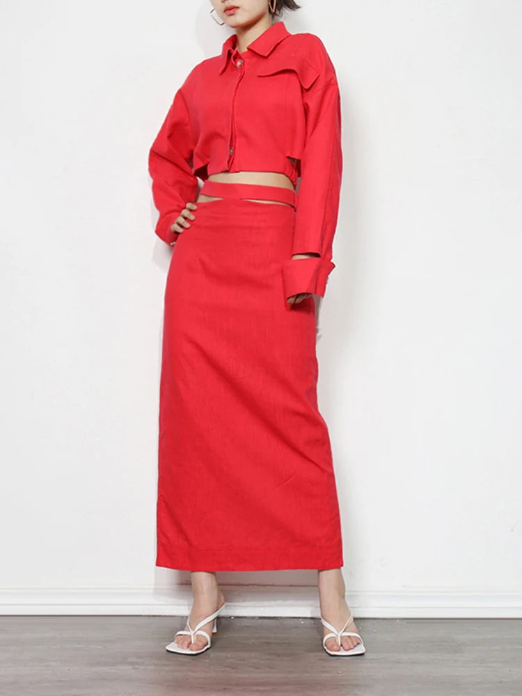 Maxy TWOTWINSTYLE Solid Casual Two Piece Set For Women Lapel Collar Long Sleeve Short Top High Waist Slim Skirt Female Fashion