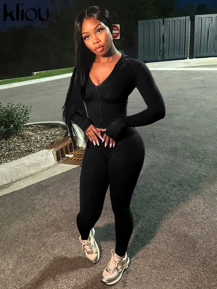 Maxy Casual Women 2 Piece Set Classic Tracksuits Solid Long Sleeve Zip-up Hood Tops+Slim Elastic Pants Sporty Concise Outfits