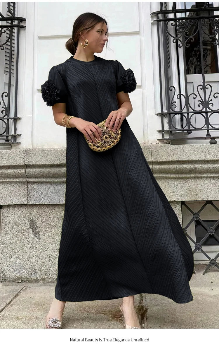 Maxy Pleated Heavy Industry Flower Disc Geometric Pleated Dress Versatile Age-reducing Mother Outfit for Women