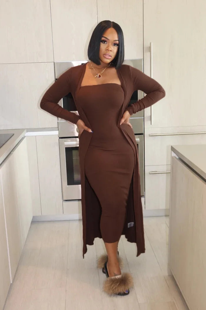Maxy Casual Off Shoulder Bodycon Dress and Long Sleeve Cardigan Coats Women Solid Color Matching 2pcs Outfits Female Tracksuits