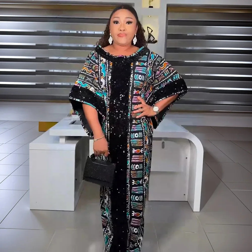 Maxy African Dresses for Women Plus Size Africa Clothes Dashiki Ankara Outfit Sequin Gown Kaftan Muslim Wedding Party Long Maxy Dress