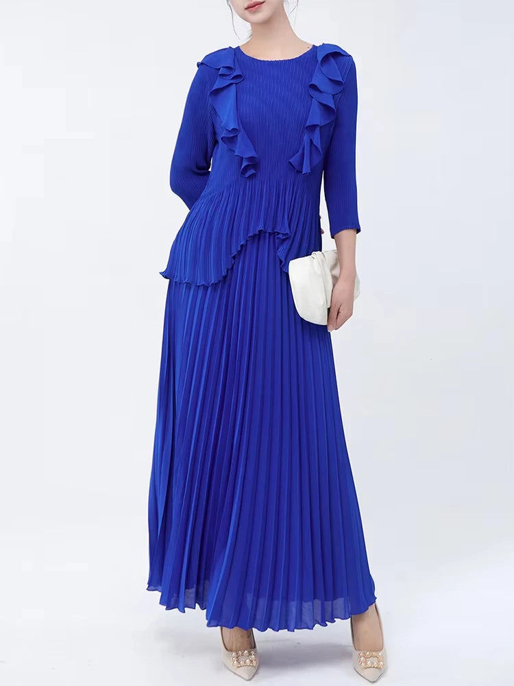 Maxy Pleated Two Pieces Sets Women Ruffles Irregular T Shirt + A Line Loose Skirt New Female Elegant Lady Clothing 6R4839