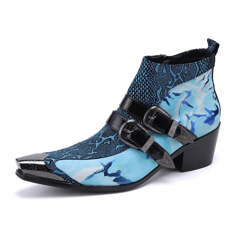Amay Handmade Luxury Genuine Leather Men Boots Blue Snake Skin Italian Business Dress Formal Shoes Double Buckle Cowboy Ankle Boots
