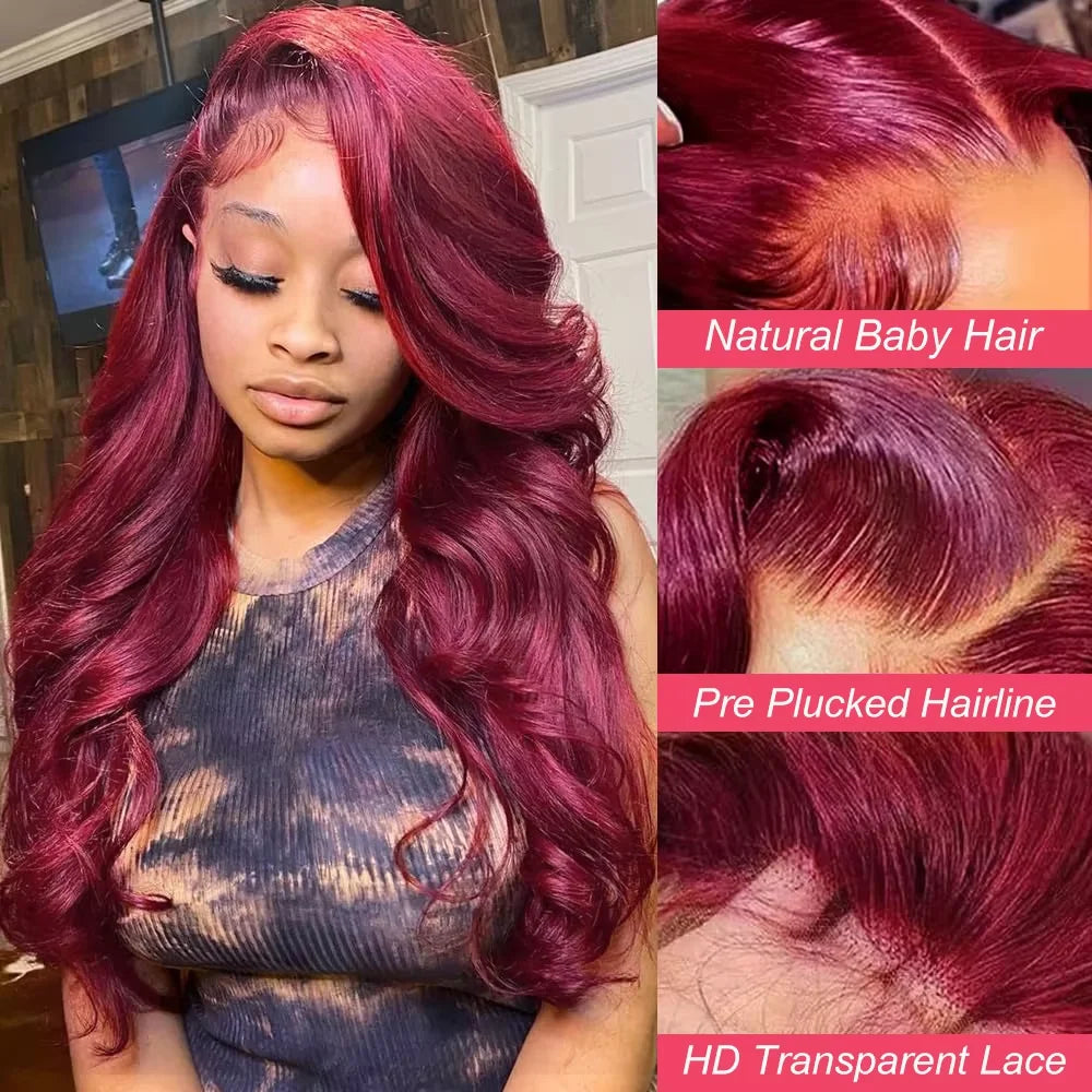 99j Burgundy 46 Inch Body Wave Human Hair Wig 13x6 HD Lace Frontal 220 Density Pre Plucked Human Hair Adjustable Breathable Wig