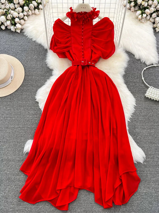 Amay Summer Women Red/Purple/Blue/Yellow Stand Collar Hollow Out Off Shoulder Chiffon Party Dress Vintage Short Sleeve Irregular Robe