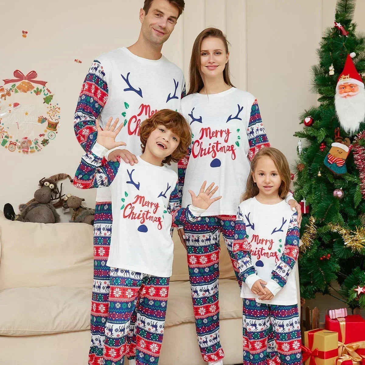 Max Christmas Print Mom Daughter Dad Son Matching Pajamas Cute Soft Sleepwear 2 Pcs Suit Baby&Dog Romper Xmas Gift Family Look