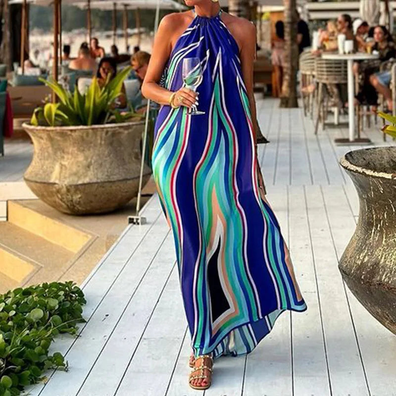 Maxy Dress Kaftan Boho Clothes for Swimwear Women Beach Printed Hanging Neck Bohemian Medium To Long