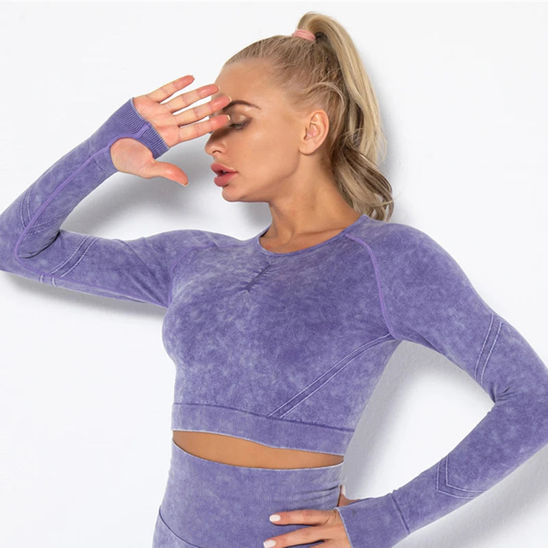 Seamless Sports Suits Women O-neck Crop Tops Long Sleeve Push Up Leggings Sets Gym Wear Summer Two Pieces Sets Tracksuit Feamle