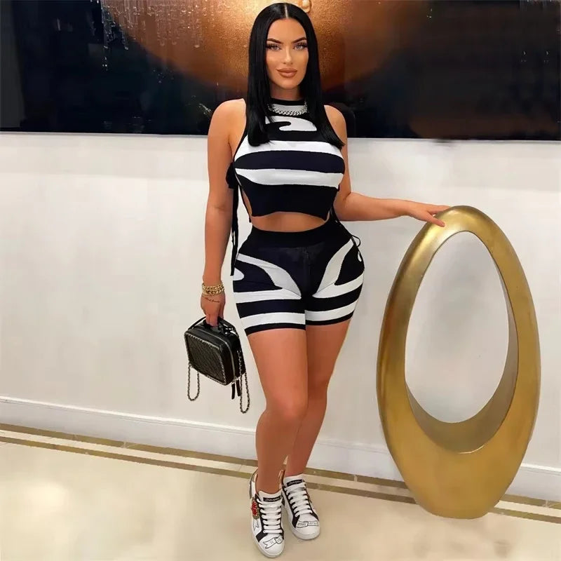 Maxy Striped Printing Two Piece Set Women Party Birthday Outfits Sportwear Side Lace-up Crop Top and Shorts Casual Fitness Tracksuit