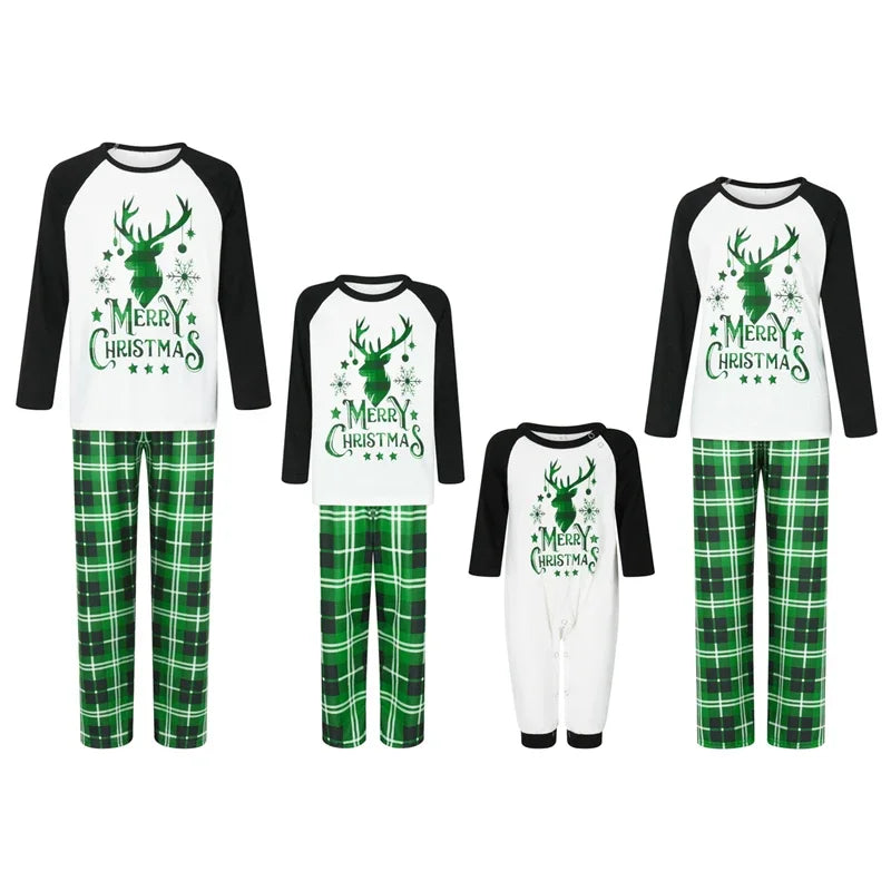 Christmas Family Matching Outfits Sleepwear Father Mother Daughter Merry Xmas Deer Print T-shirts Plaid Pants Pajamas Xmas Look