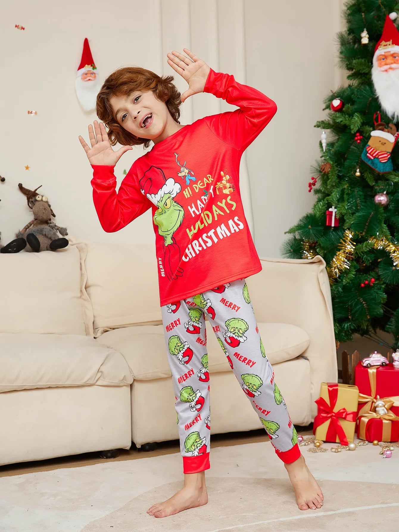 Maxy Xmas Family Matching Pajamas GREENCH Happy Holiday Letter Print Adult Kid Baby Family Matching Outfit Christmas Family Pj's