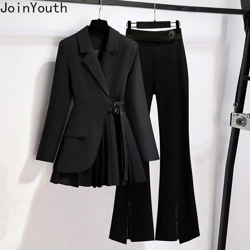 Two Piece Sets Womens Outfits Roupas Femme Temperament Pleated Tailored Coat Tunic Aplit Flare Pants Suit Fashion Korean Set