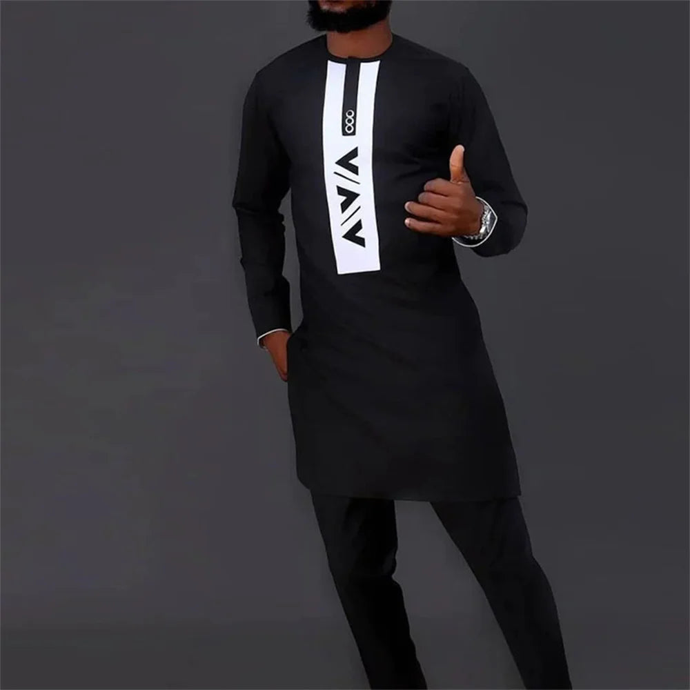 Amay Men Two Piece Outfit Set Long Sleeve Solid Color Panel Top and Pants Festival Party Set Ethnic Style Men's Suit