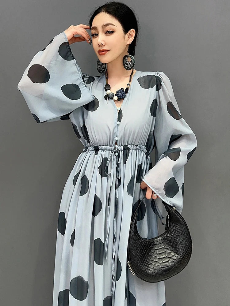 Babs Spring Summer New Chiffon Printed Polka Dot Jumpsuit V-neck Long Sleeved Wide Leg Skirt Pants Women's Elegance