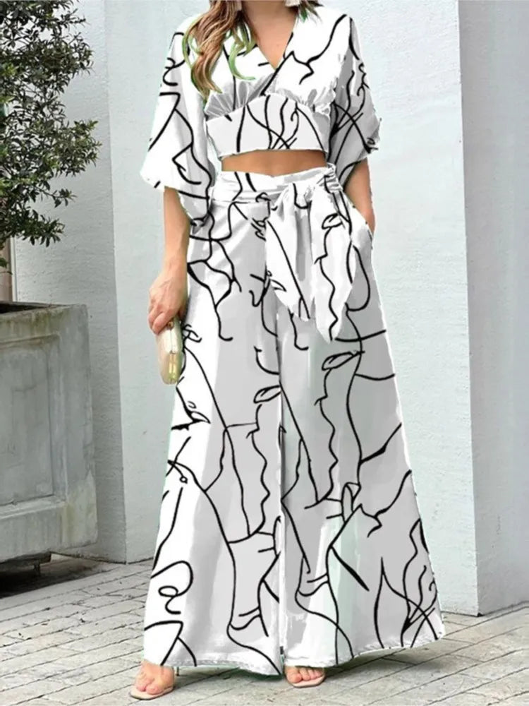Maxy Vacation Beach Fashion Set Women's Fashion Spring V-neck Lantern Sleeve Top T-shirt Loose Sexy Lace Up Loose Pants Two Piece Set