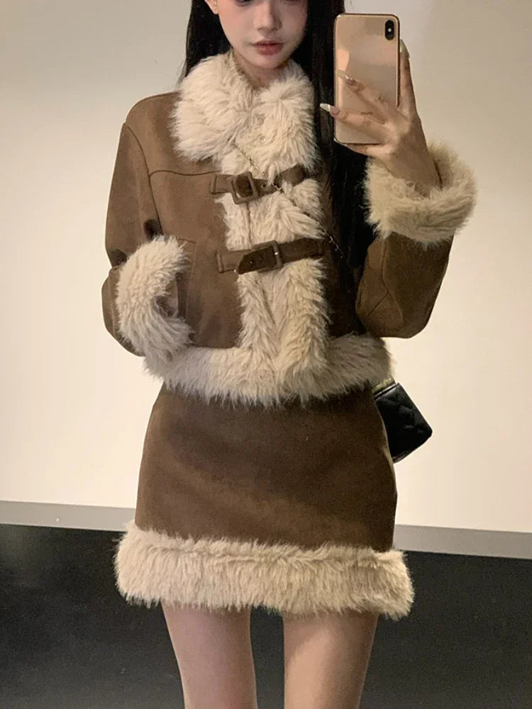 Maxy Winter Faux Fur 2 Piece Skirt Set Women Casual Y2k Clothing Blazers Jacket Coats + Skirts Korean Fashion Suits Kawaii Chic