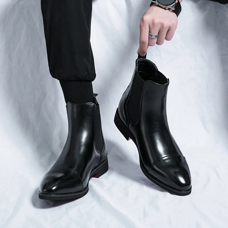Visco Classic Black Men's Leather boots Comfortable High Top Pointed-Toe Slip-on Dress Shoes Man High-Quality Big Size 46 Chelsea boots